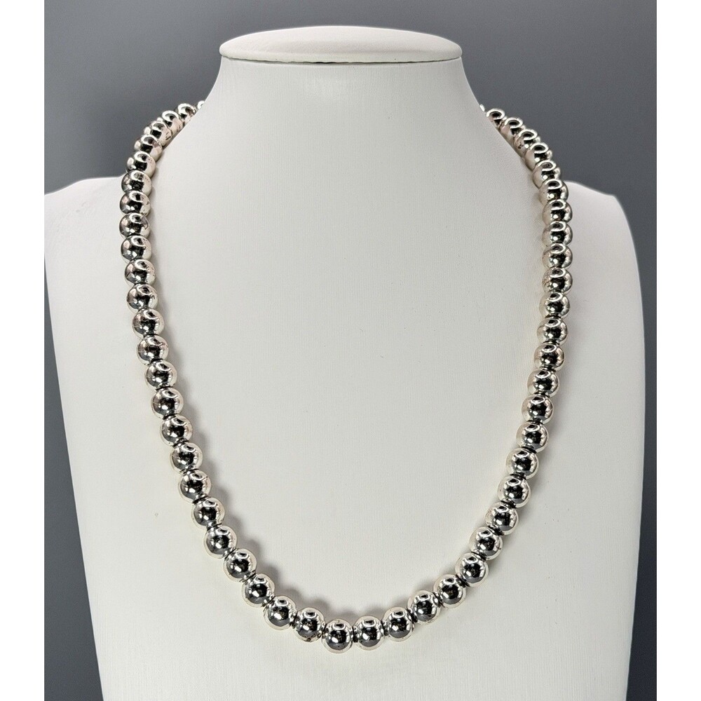 Vintage Sterling Silver 8 MM Bead Necklace on Sterling Chain 17” 48g